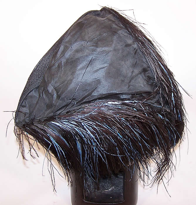 Vintage Kibel Hats Black Silk Straw Blue Feather Trim Tricorn Flapper Hat back view