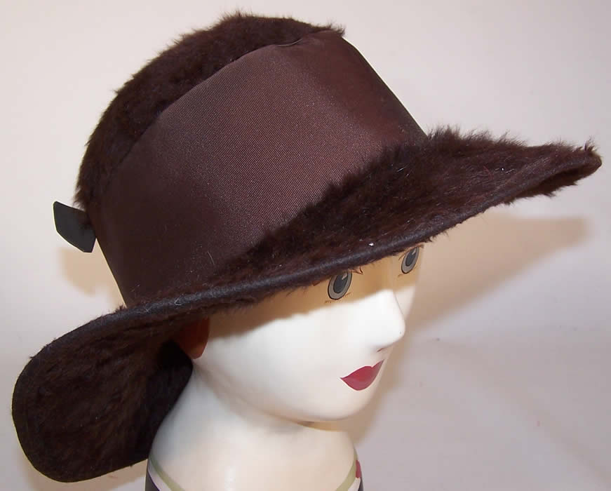 Vintage Art Deco Rhinestone Pin Brown Beaver Felt Fur Wide Brim Cloche Hat side view