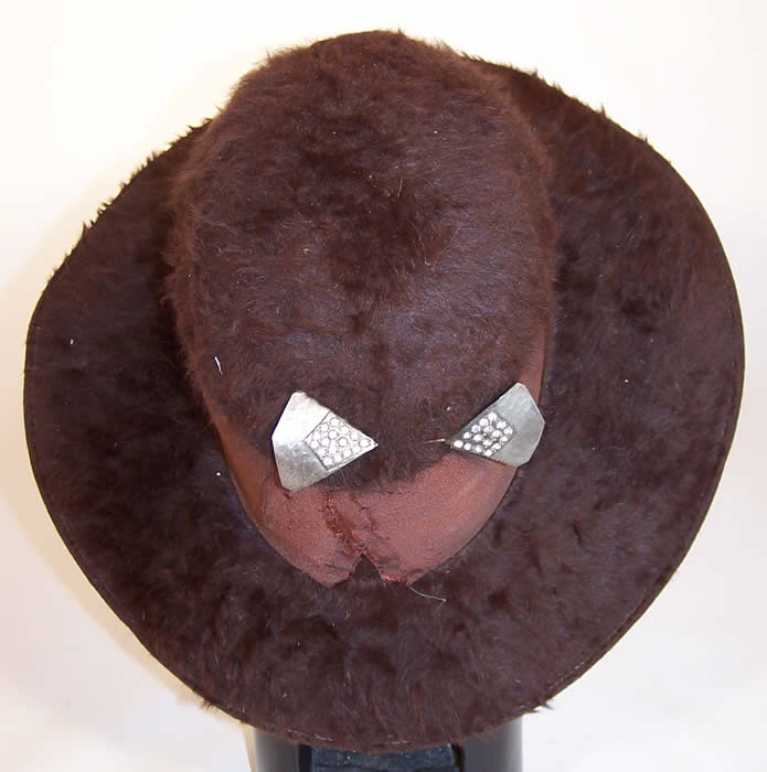Vintage Art Deco Rhinestone Pin Brown Beaver Felt Fur Wide Brim Cloche Hat 