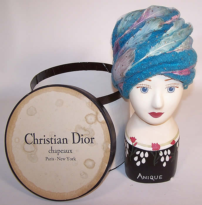 Vintage Christian Dior Turquoise Blue Net Feather Glitter Turban