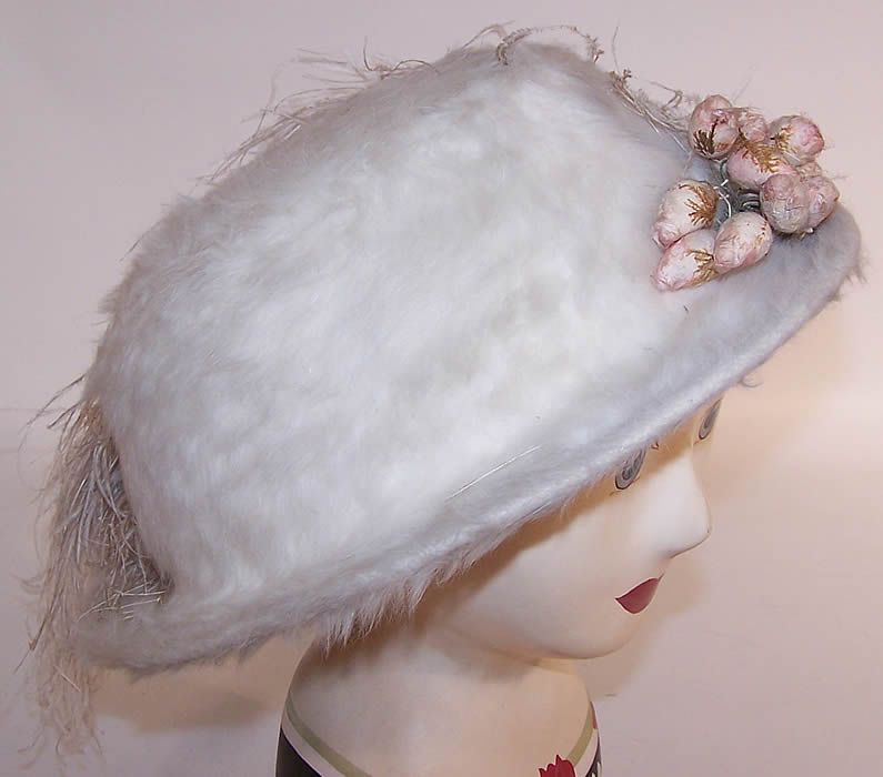 Edwardian White Beaver Felt Fur Ostrich Feather Pink Berry Hat side view.