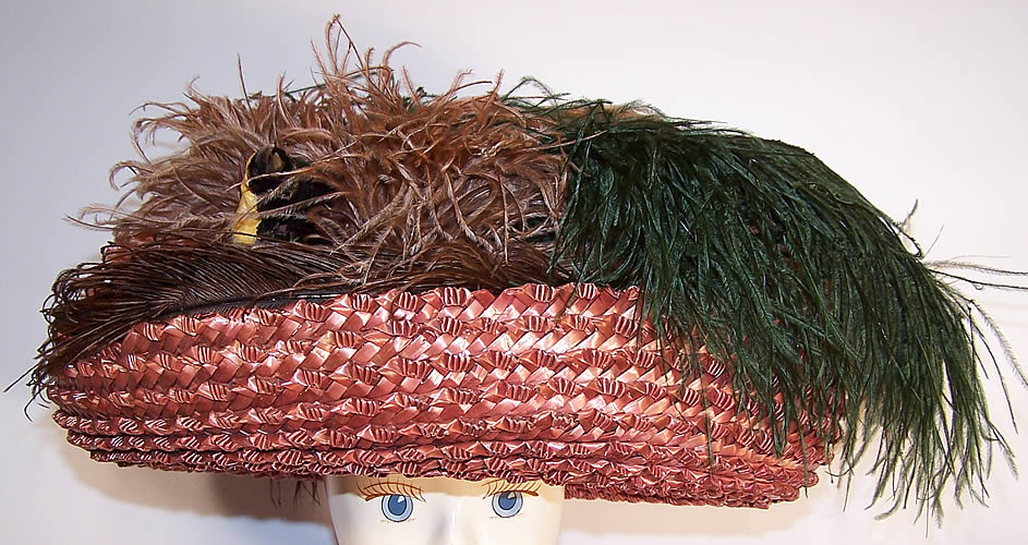 Titanic Edwardian Brown Straw Ostrich Feather Oversized Wide Brim Boater Hat