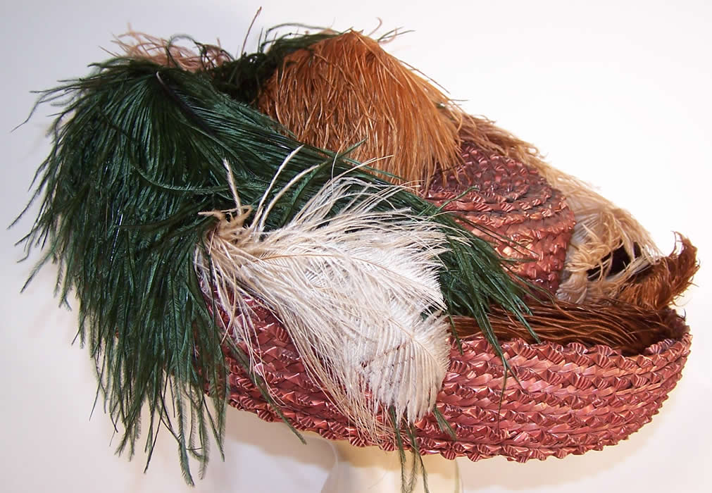 Titanic Edwardian Brown Straw Ostrich Feather Oversized Wide Brim Boater Hat