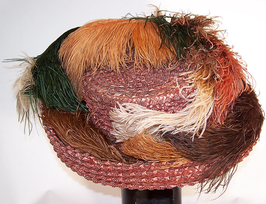Titanic Edwardian Brown Straw Ostrich Feather Oversized Wide Brim Boater Hat