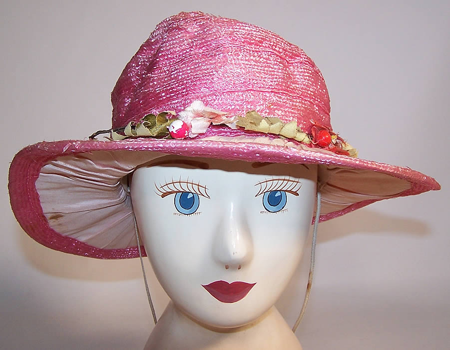 Vintage Girls Belle Epoque Pink Raffia Woven Silk Floral Trim Cloche Hat