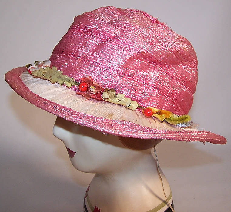 Vintage Girls Belle Epoque Pink Raffia Woven Silk Floral Trim Cloche Hat