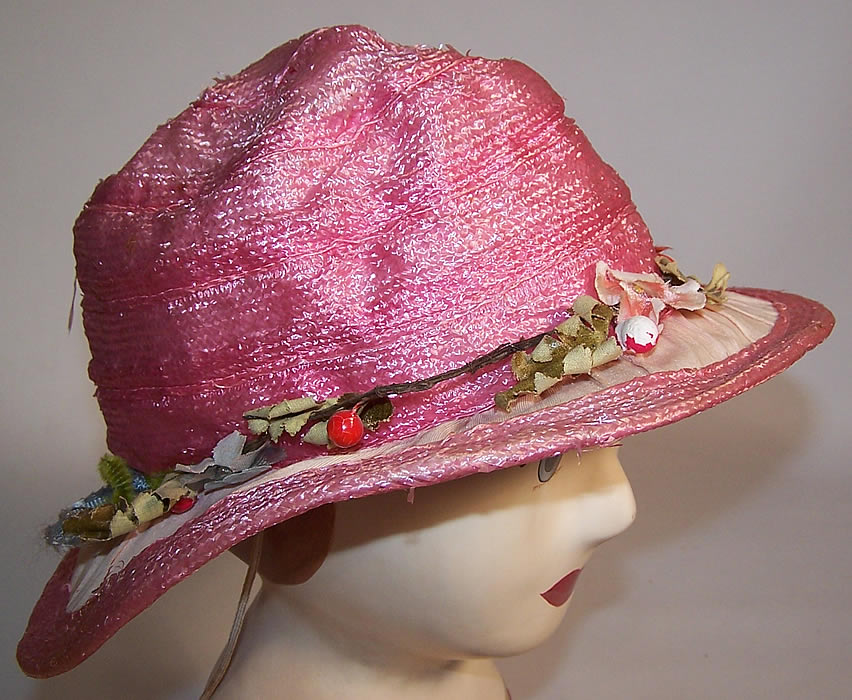 Vintage Girls Belle Epoque Pink Raffia Woven Silk Floral Trim Cloche Hat