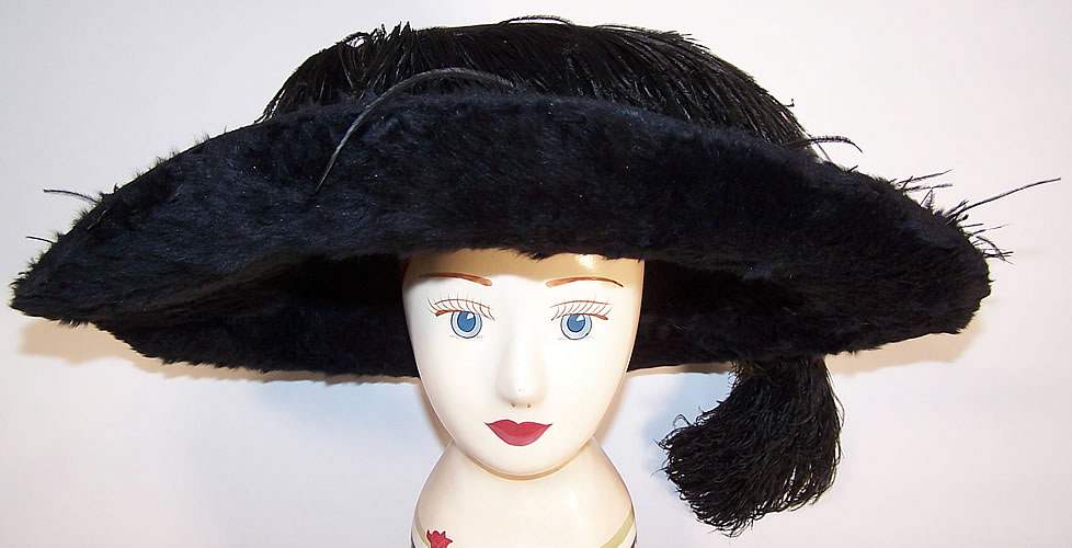 Edwardian Titanic Black Beaver Felt Fur Feather Large Wide Brim Hat