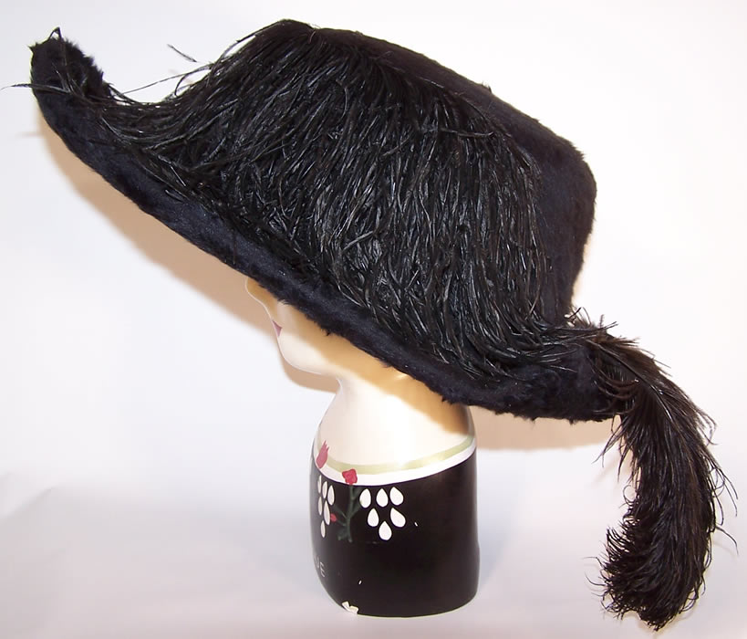 Edwardian Titanic Black Beaver Felt Fur Feather Large Wide Brim Hat side view.