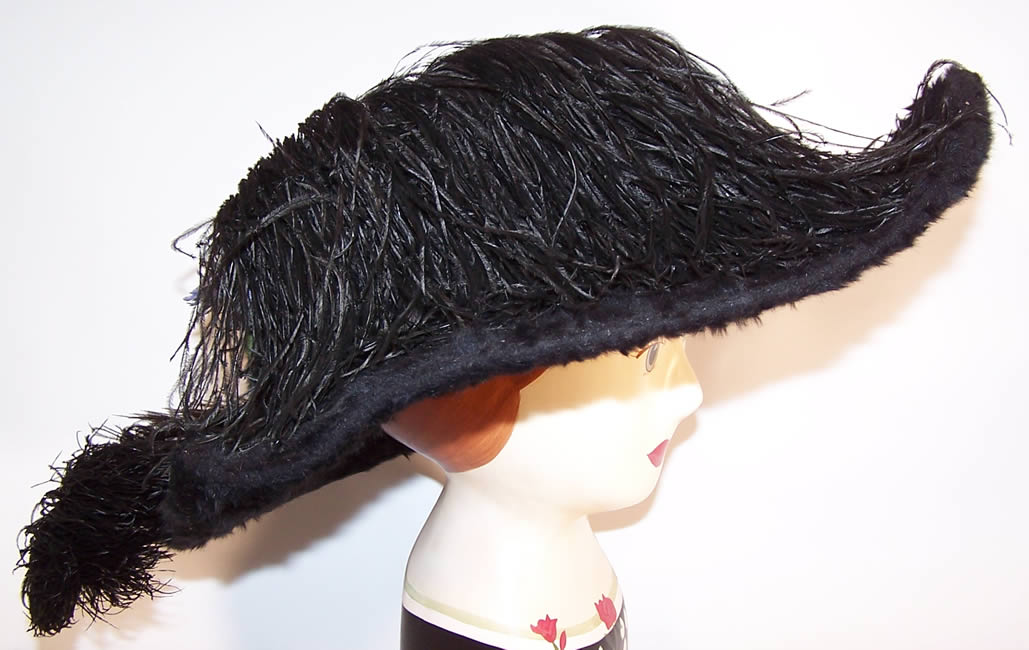 Edwardian Titanic Black Beaver Felt Fur Feather Large Wide Brim Hat