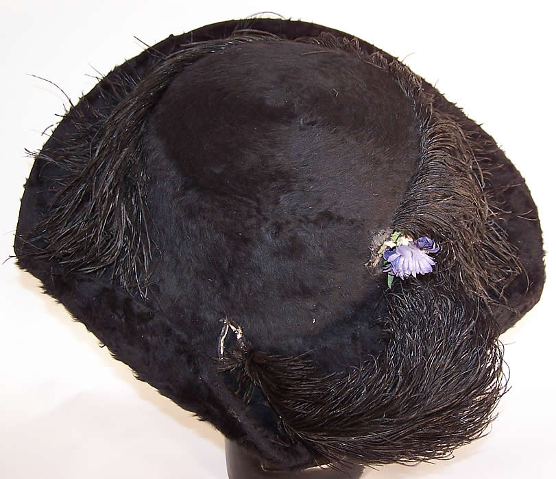 Edwardian Titanic Black Beaver Felt Fur Feather Large Wide Brim Hat
