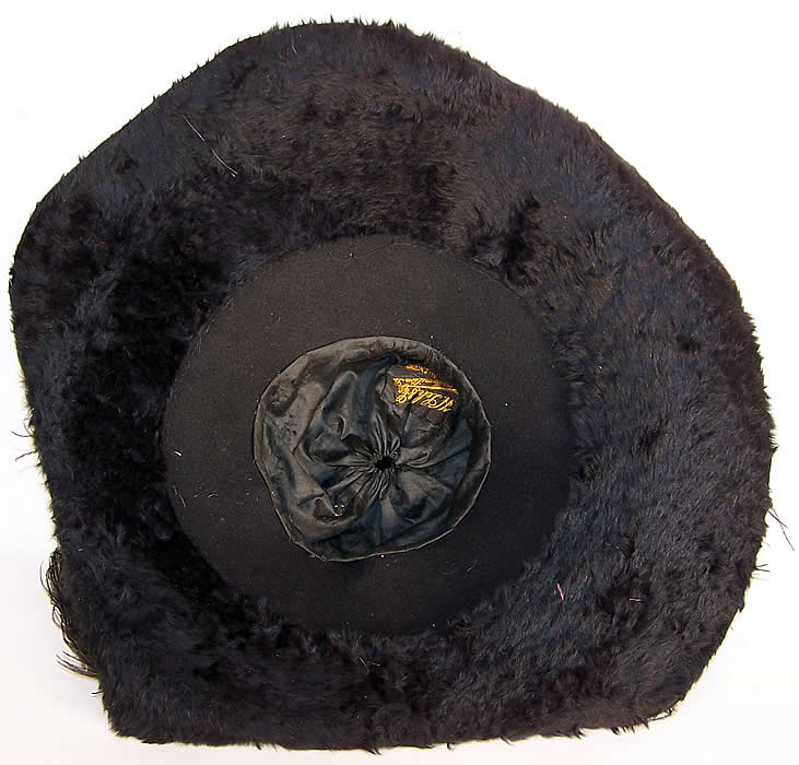 Edwardian Titanic Black Beaver Felt Fur Feather Large Wide Brim Hat inside