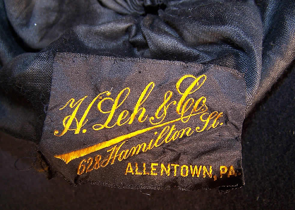 Edwardian Titanic Black Beaver Felt Fur Feather Large Wide Brim Hat label close up.