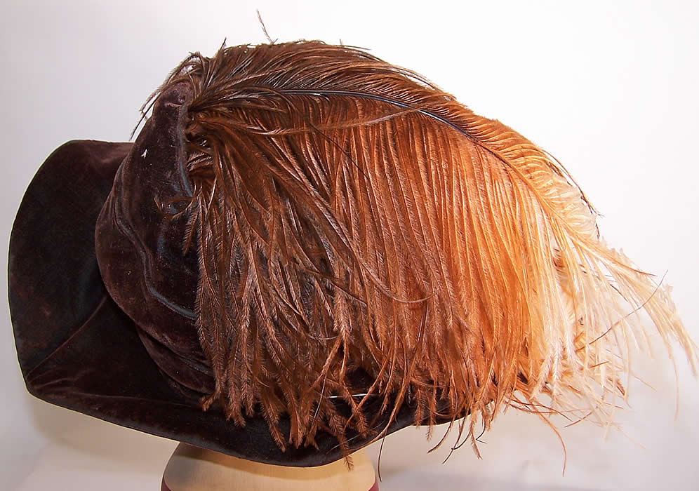 Vintage Edwardian Brown Velvet Feather Trim Wide Brim Hat