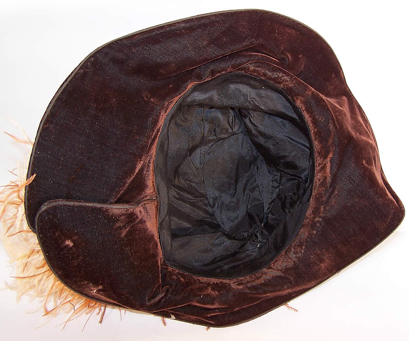 Vintage Edwardian Brown Velvet Feather Trim Wide Brim Hat