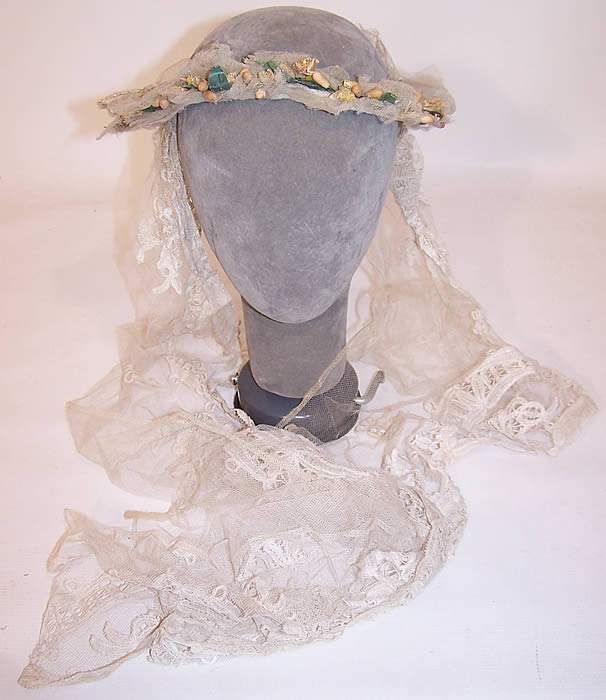 Antique Orange Blossom Wax Flower Wreath Bobbin Lace Net Wedding Veil