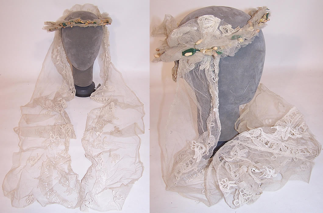 Antique Orange Blossom Wax Flower Wreath Bobbin Lace Net Wedding Veil