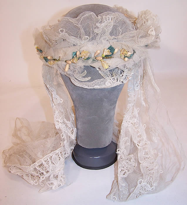 Antique Orange Blossom Wax Flower Wreath Bobbin Lace Net Wedding Veil