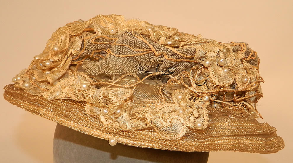 Edwardian Natural Straw Wired Net Lace Pearl Beaded Trim Toque Hat
