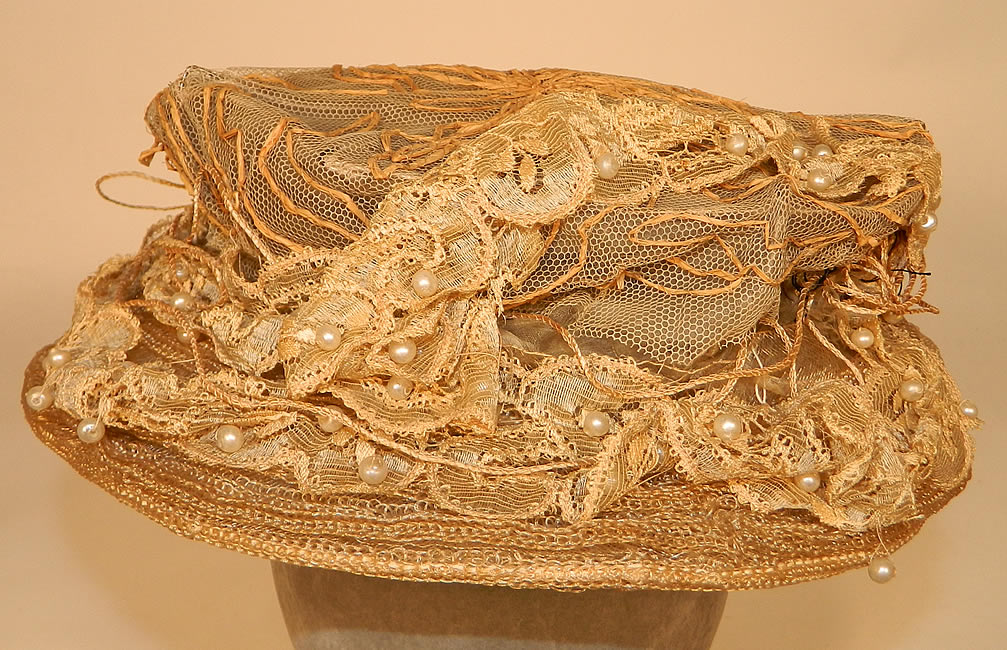 Edwardian Natural Straw Wired Net Lace Pearl Beaded Trim Toque Hat