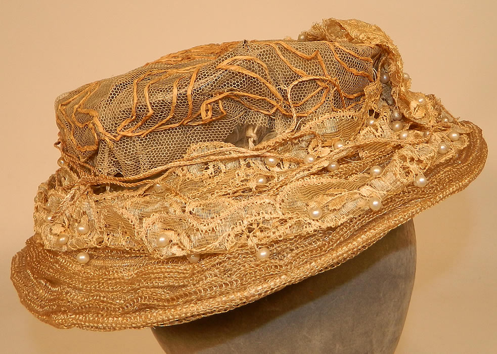 Edwardian Natural Straw Wired Net Lace Pearl Beaded Trim Toque Hat