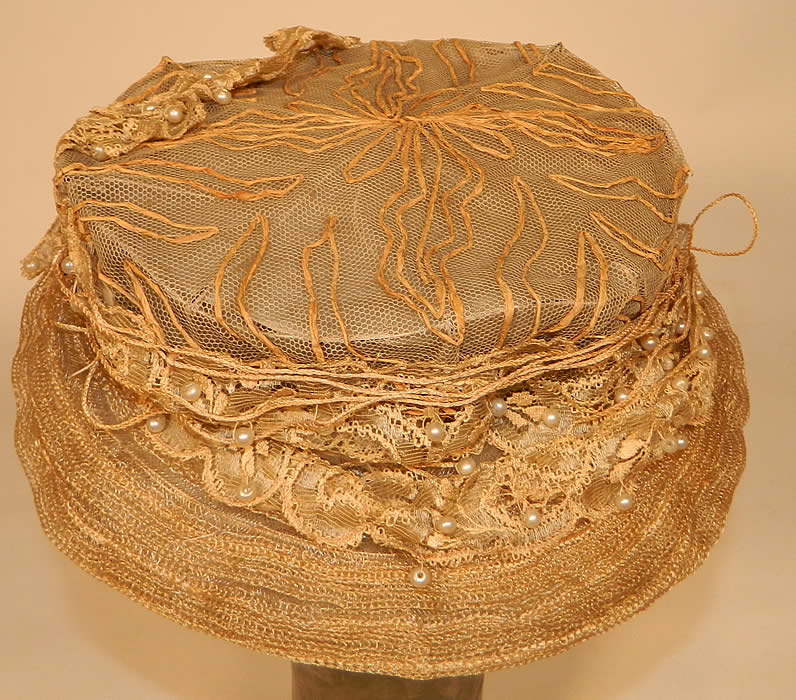 Edwardian Natural Straw Wired Net Lace Pearl Beaded Trim Toque Hat