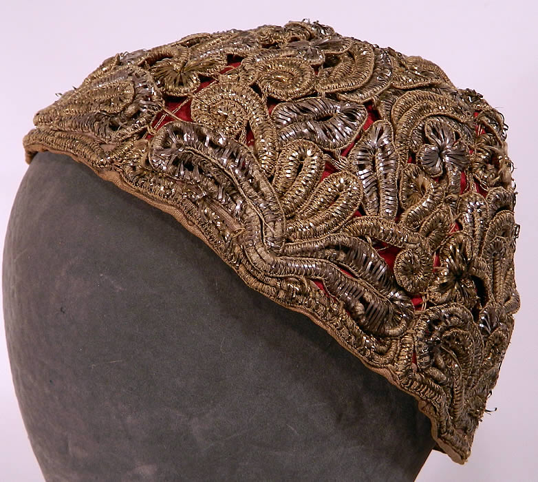 19th Century Antique Silver & Gold Metallic Couching German Folk Bonnet Cap
