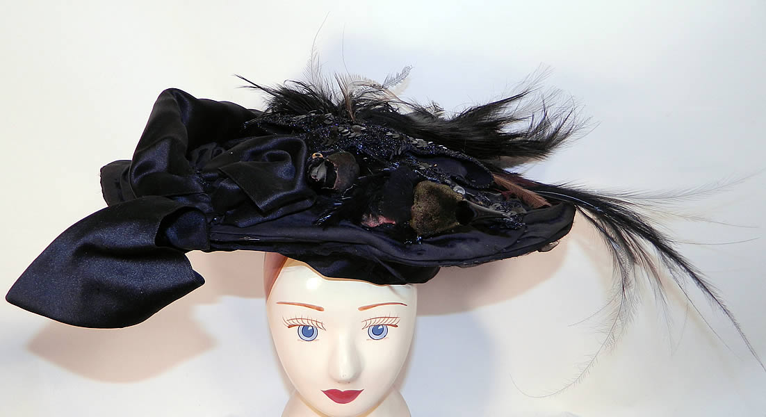 Victorian Marie Louise Paris Label Black Bird Feather Neapolitan Flat Wide Brim Hat