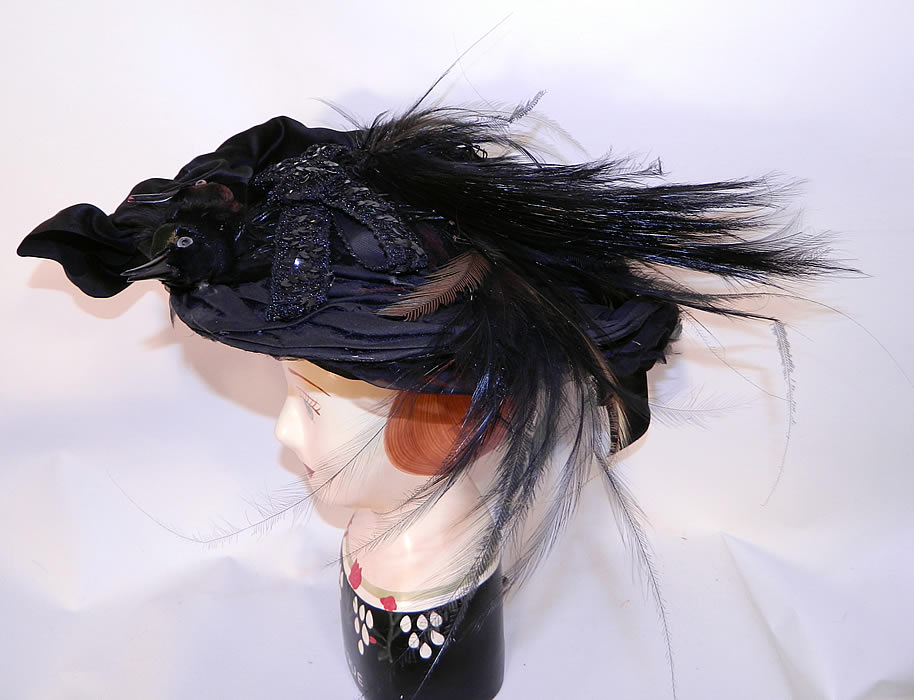 Victorian Marie Louise Paris Label Black Bird Feather Neapolitan Flat Wide Brim Hat