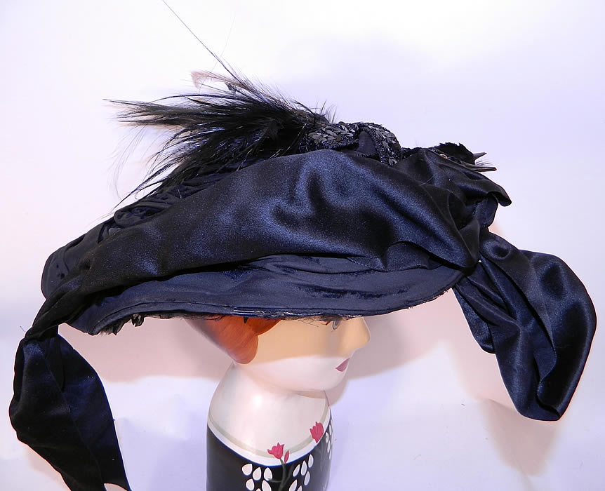 Victorian Marie Louise Paris Label Black Bird Feather Neapolitan Flat Wide Brim Hat