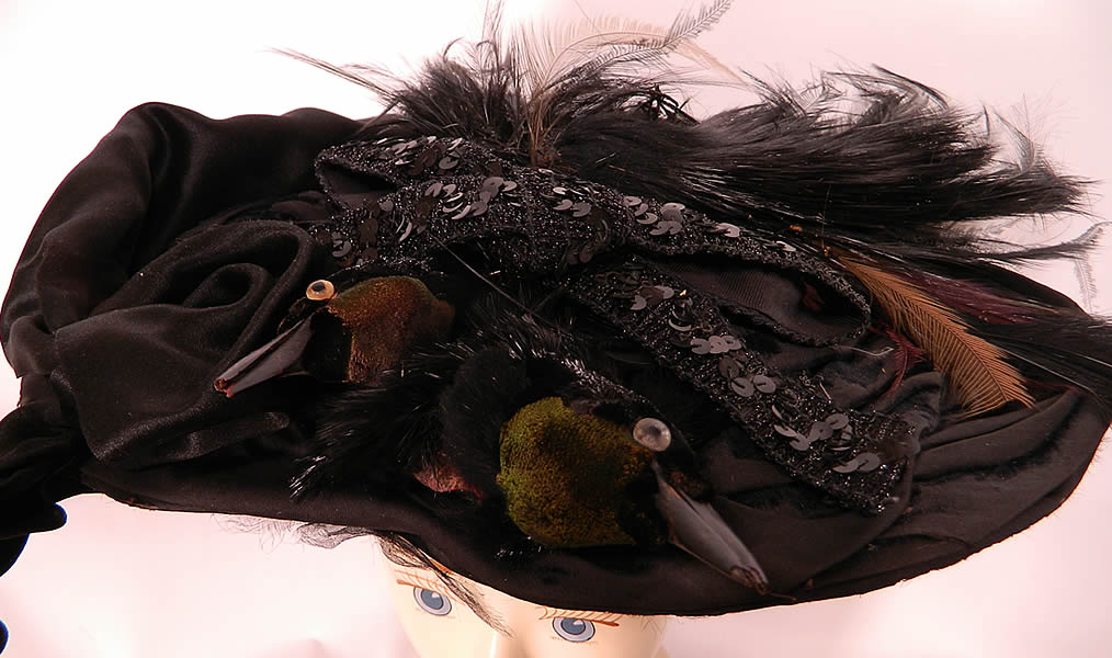 Victorian Marie Louise Paris Label Black Bird Feather Neapolitan Flat Wide Brim Hat
