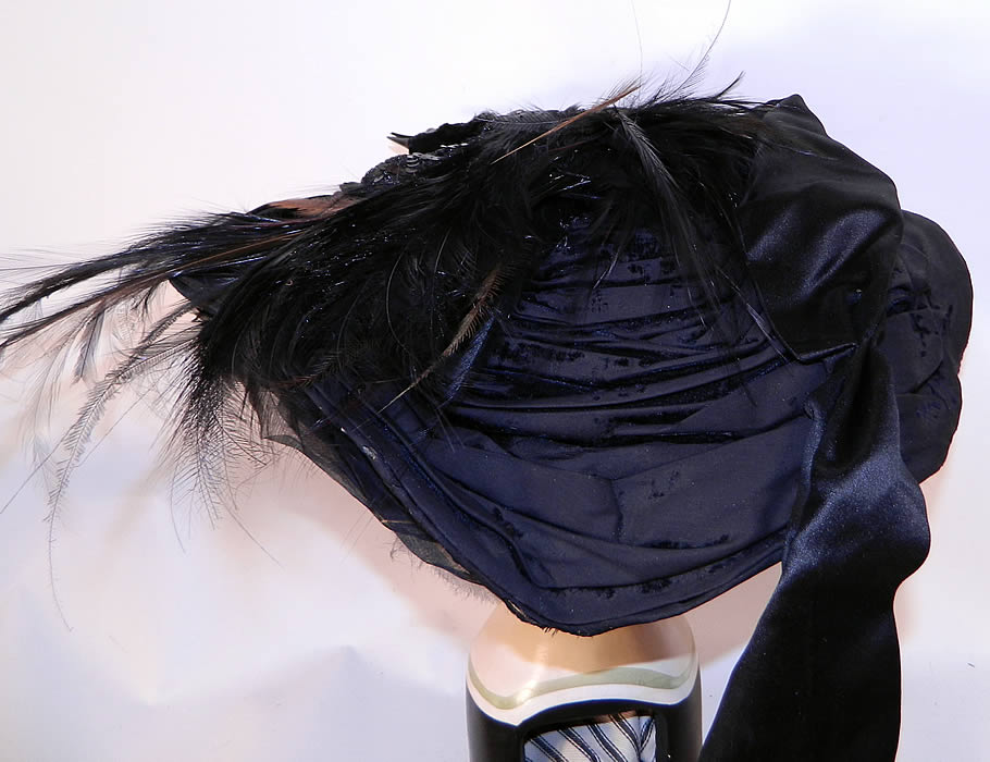 Victorian Marie Louise Paris Label Black Bird Feather Neapolitan Flat Wide Brim Hat