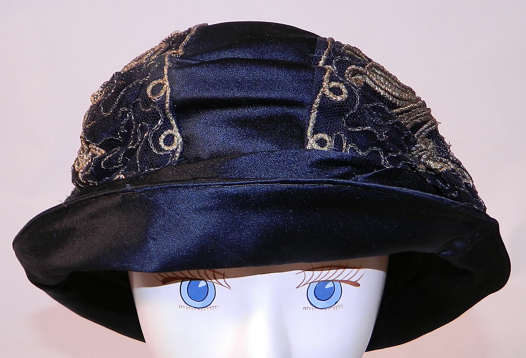 Vintage Art Deco Bobby Hats Black Silk Gold Lamé Lace Flapper Cloche Hat