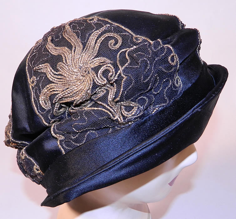 Vintage Art Deco Bobby Hats Black Silk Gold Lam&eacute; Lace Flapper Cloche Hat