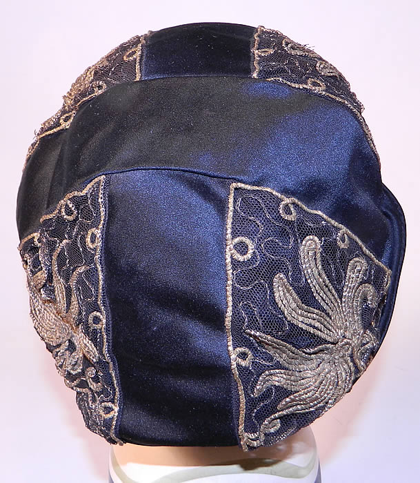 Vintage Art Deco Bobby Hats Black Silk Gold Lam&eacute; Lace Flapper Cloche Hat