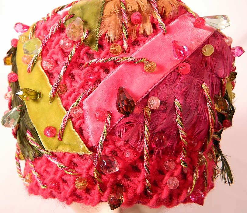 Vintage Christian Dior Chapeaux Pink Knit Ribbon Feather Beaded Trim Turban Hat close up.