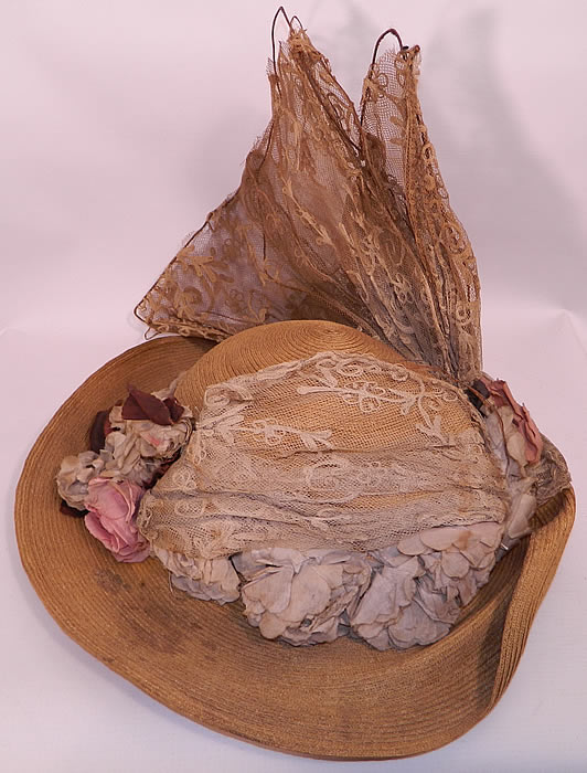 Edwardian Woven Natural Straw Tambour Net Lace Wired Wing Floral Wide Brim Hat. This pretty summer hat has a wide brim, upturned along the front and side, with a large unlined round crown. 