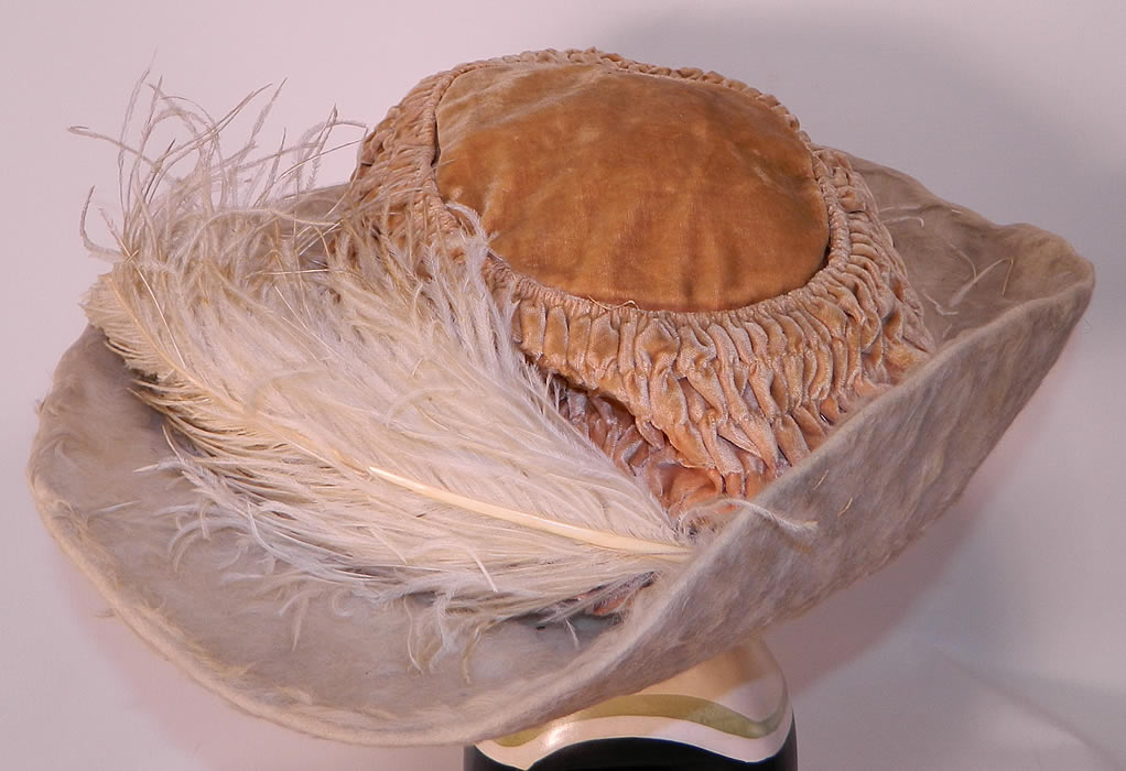 Edwardian Titanic Cream Velvet White Beaver Felt Fur Feather Wide Brim Hat. This is truly a dramatic opulent ladies Titanic era hat and a wonderful piece of wearable millinery art! 