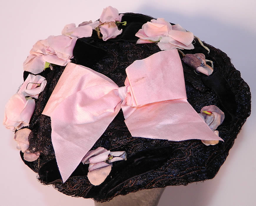 Victorian Black Straw Pink Pansy Rose Flower Bow Trim Bonnet Flat Plate Hat. This is truly a wonderful piece of wearable millinery art!