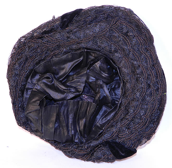 Victorian Black Straw Pink Pansy Rose Flower Bow Trim Bonnet Flat Plate Hat. This antique Victorian era black straw pink pansy rose flower bow trim bonnet flat plate hat dates from the 1880s.