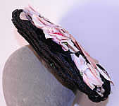 Victorian Black Straw Pink Pansy Rose Flower Bow Trim Bonnet Flat Plate Hat. 