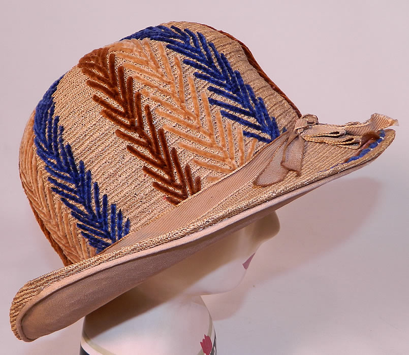 Vintage Natural Straw Wide Brim Chenille Embroidered Flapper Cloche Hat. This stunning sensational summertime cloche style hat has a uneven oval shaped brim which is slightly upturned along the sides.