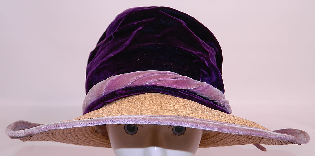 Vintage Natural Straw Wide Brim Purple Velvet Crown Cloche Hat. This vintage natural straw wide brim purple velvet crown cloche hat dates from the 1920s.