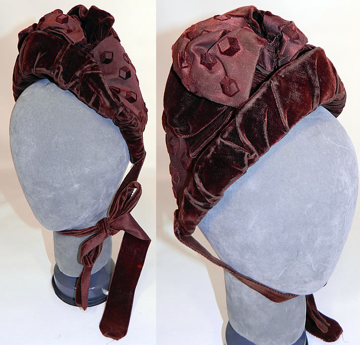 Victorian Brown Burnout Voided Velvet Silk Square Cube Print Bonnet Hat. This antique Victorian era brown burnout voided velvet silk square cube print bonnet hat dates from the 1880s. It is made of a dark chocolate brown burnout voided velvet silk fabric with an unusual square cube hexahedron design.