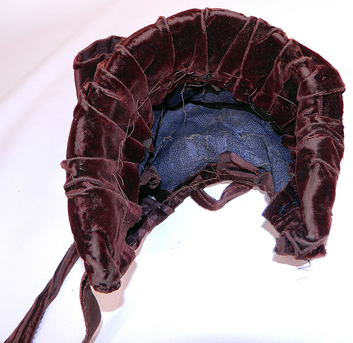 Victorian Brown Burnout Voided Velvet Silk Square Cube Print Bonnet Hat. The bonnet measures 14 inches  around the face and is 10 inches deep from front to back. It is in good condition, with only some minor wear along the velvet nap edging.