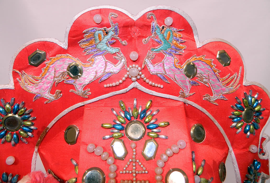 Antique Chinese Red Silk Embroidered Dragon Beaded Mirror Wedding Headdress Hat . This beautiful bridal wedding hat measures 11 1/2 inches tall, 17 inches wide and has a 24 inch head circumference.