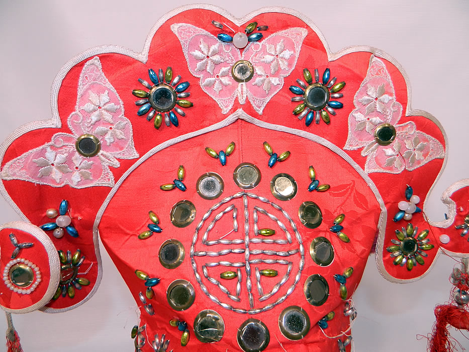 Antique Chinese Red Silk   Embroidered Dragon Beaded Mirror Wedding Headdress Hat .  It is in good condition, but has some missing beading, pompoms, tangled tassels and a small stain on the front side trim. This is truly a rare and wonderful piece of unique antique Chinese textile art!