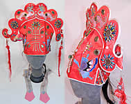 Antique Chinese Red Silk   Embroidered Dragon Beaded Mirror Wedding Headdress Hat 