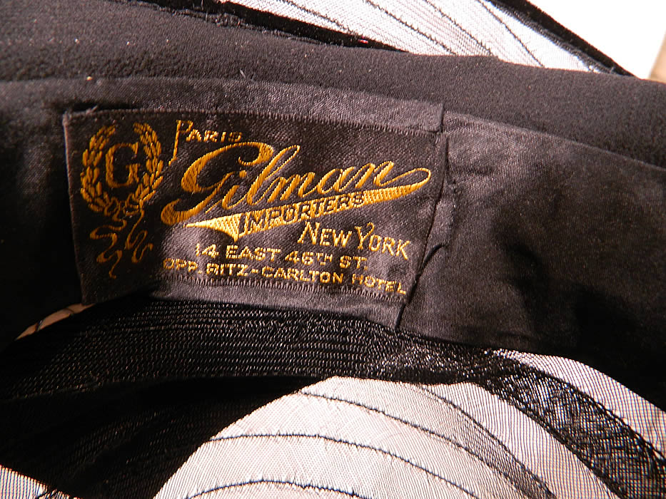 Vintage Gilman Importers Ritz Carlton New York Black Horse Hair Straw  Wide Brim Cloche Hat. This beautiful grand cloche hat has a very wide, uneven layered wavy oval shaped brim, which is wider along the sides. There is a "Gilman Importers Paris New York 14 East 46th St. Opp Ritz Carlton Hotel" label sewn inside the silk sweatband. 