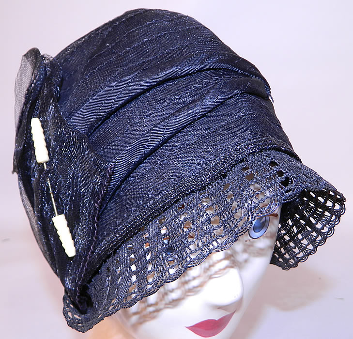 Vintage Art Deco Woven Black Horse Hair Straw  Flapper Cloche Hat & Hatpin. The hat is made of a sheer woven black horse hair net straw, with a loosely woven lattice lace slight front brim.